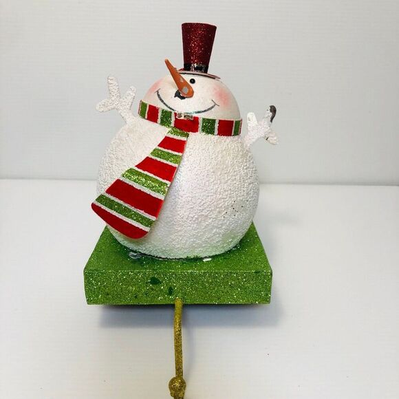 Vintage Christmas Shimmery Snowman Weighted Stocking Holder Mantel Decor - Picture 5 of 11